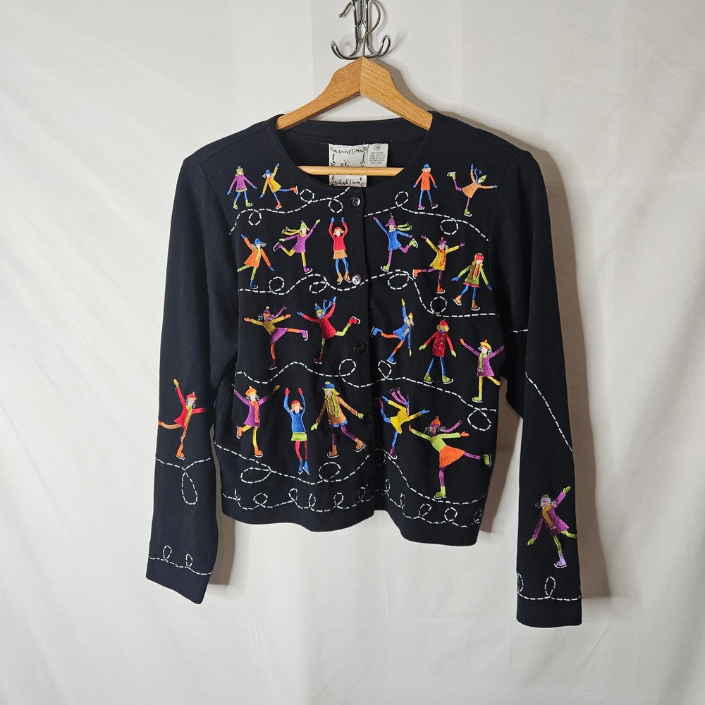 Michael Simon Lite‎ Embroidered Skaters Button Front Cardigan sz M